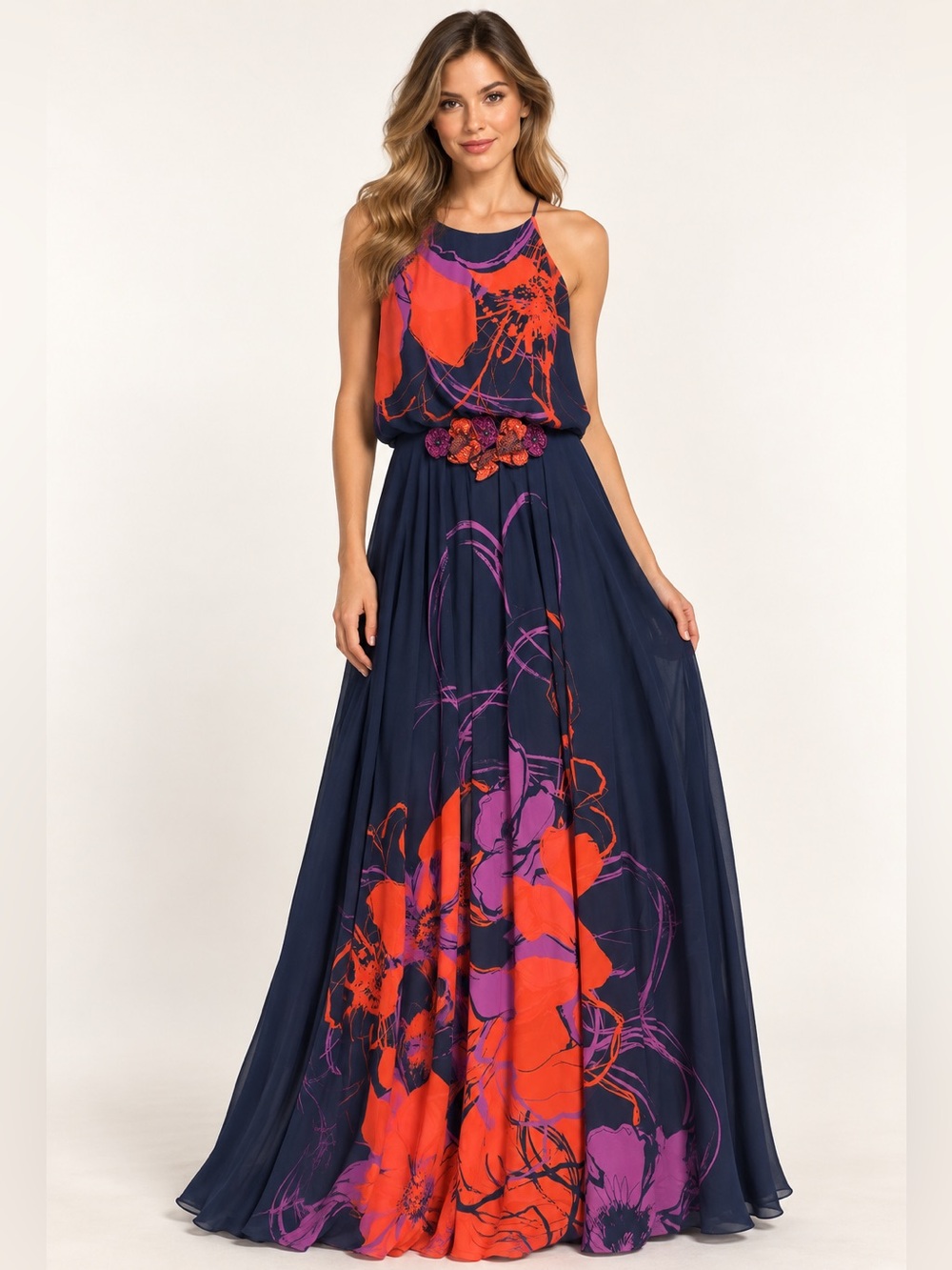 Badgley Mischka Size 4 Floral Embellished Evening Maxi Gown